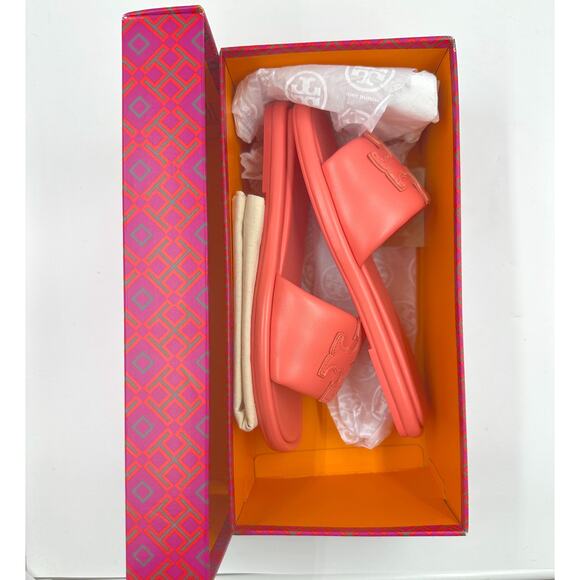 Tory Burch Double T Sport Leather Slide Coral Crush 160910 US 6 NEW Orange Luxe - Picture 5 of 7